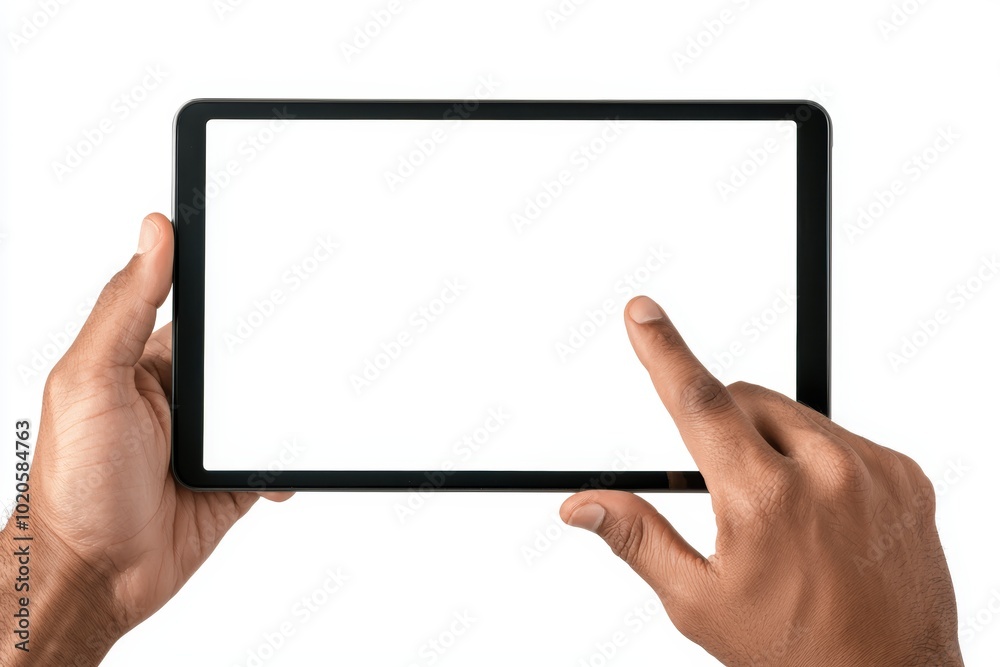 Tablet held by two hands, one finger tapping the screen, isolated on white, high-resolution image for tech tutorials, app promotions, or software presentations Tablet held by two hands, one finger tapping the screen, isolated on white, high-resolution image for tech tutorials, app promotions, or software presentations