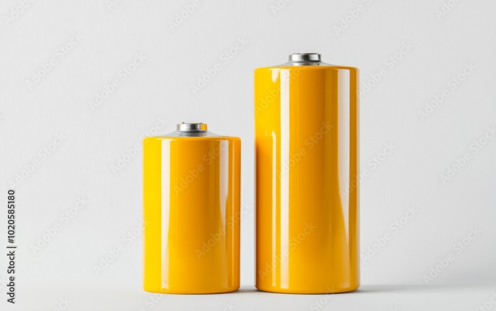 Three yellow batteries of different sizes, isolated on white, modern and clean design, ideal for battery technology promotions or renewable energy concepts Three yellow batteries of different sizes, isolated on white, modern and clean design, ideal for battery technology promotions or renewable energy concepts