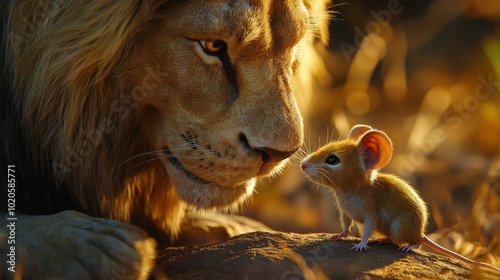 A lion and a small mouse are gazing at each other curiously photo