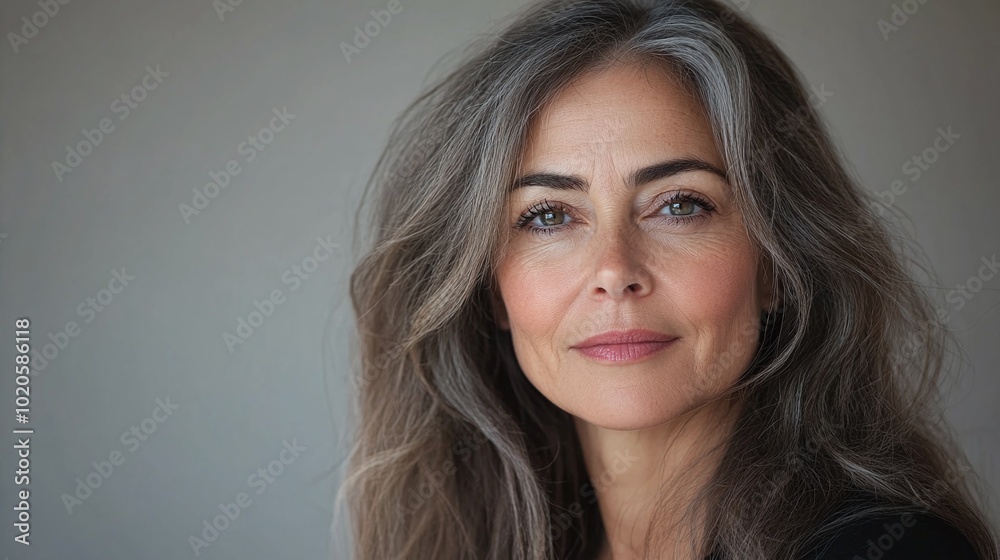 Naklejka premium mature woman closeup portrait with glowing healthy skin, confident 50s lady looking at the camera, middle-aged beauty embracing natural skincare, age-defying elegance and radiant complexion