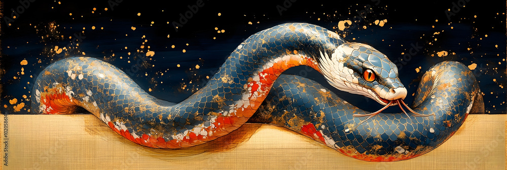 Magnificent Ornately Patterned Snake Rearing Up in Striking Pose - Powerful and Fierce Reptilian Predator with Intricate Scales and Coiled Body Magnificent Ornately Patterned Snake Rearing Up in Striking Pose - Powerful and Fierce Reptilian Predator with Intricate Scales and Coiled Body