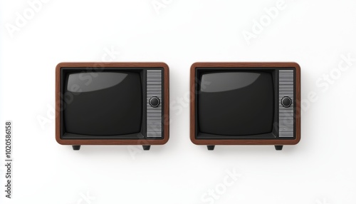 Vintage televisions side by side, wood casing and metal dials, isolated on white, ideal for retro tech visuals, old-school broadcast ads, or nostalgic decor