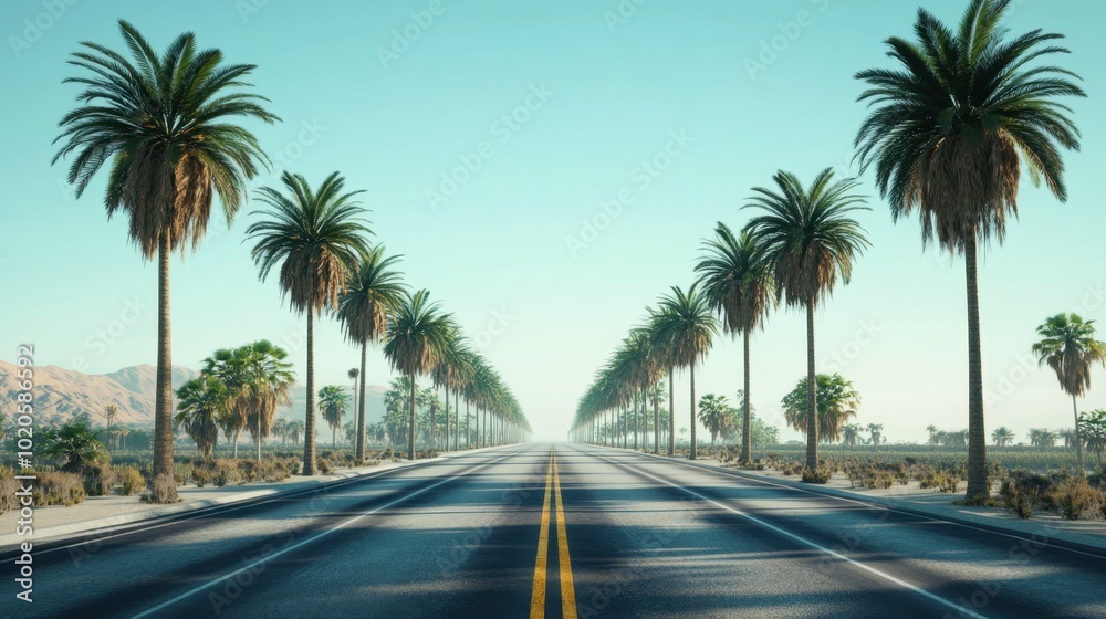 Palms swaying along the open road, capturing the adventurous spirit of an American Miami or California road trip, with clear skies and vacation vibes Palms swaying along the open road, capturing the adventurous spirit of an American Miami or California road trip, with clear skies and vacation vibes