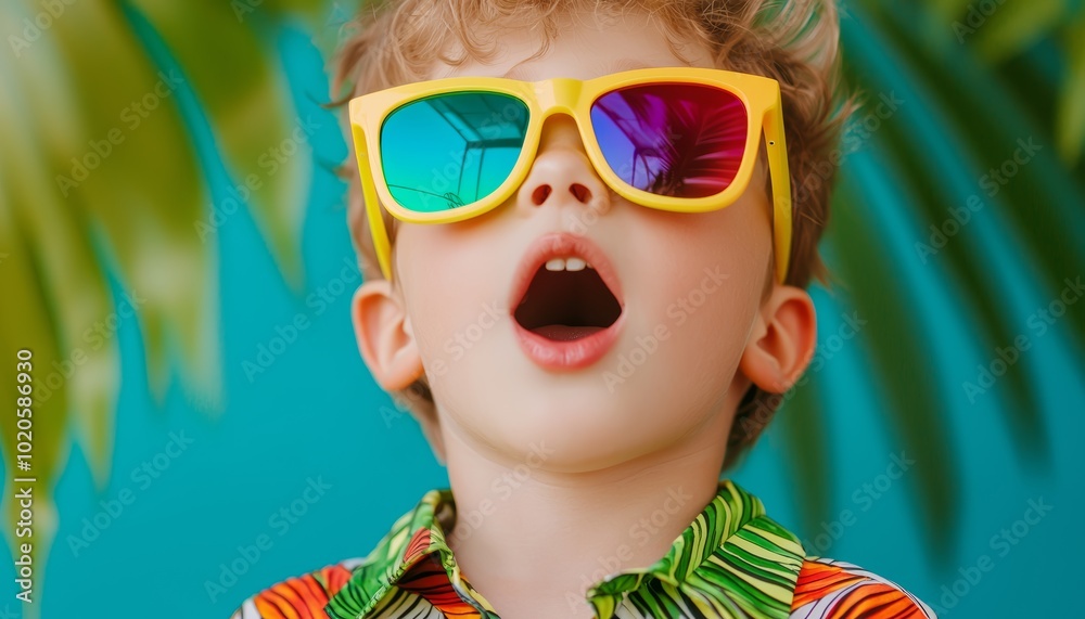 Child in colorful sunglasses with excited expression Child in colorful sunglasses with excited expression