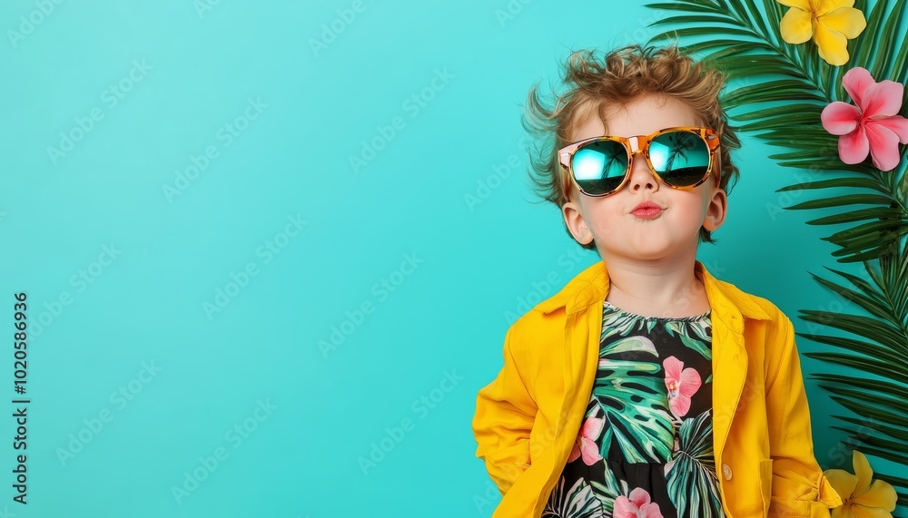 Child in stylish summer outfit, colorful background Child in stylish summer outfit, colorful background