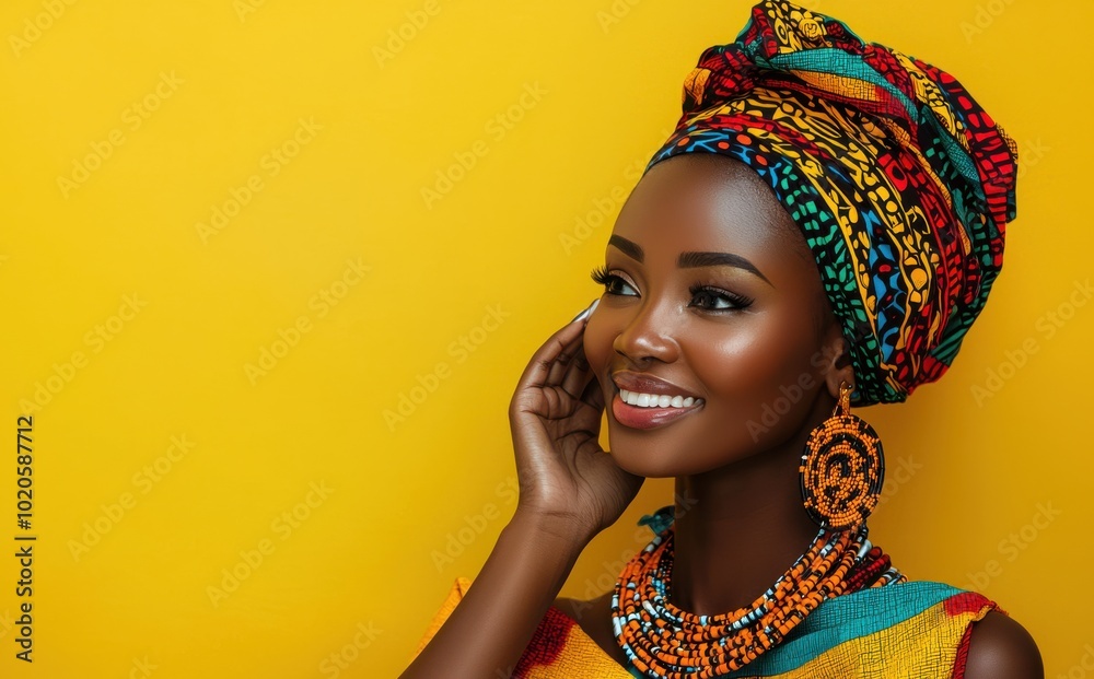 Smiling African woman in colorful traditional attire and headwrap against vibrant yellow background Smiling African woman in colorful traditional attire and headwrap against vibrant yellow background