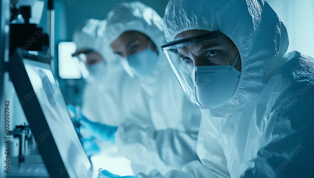 Scientists in Protective Gear Working with Digital Technology in a Sterile Laboratory Environment Scientists in Protective Gear Working with Digital Technology in a Sterile Laboratory Environment