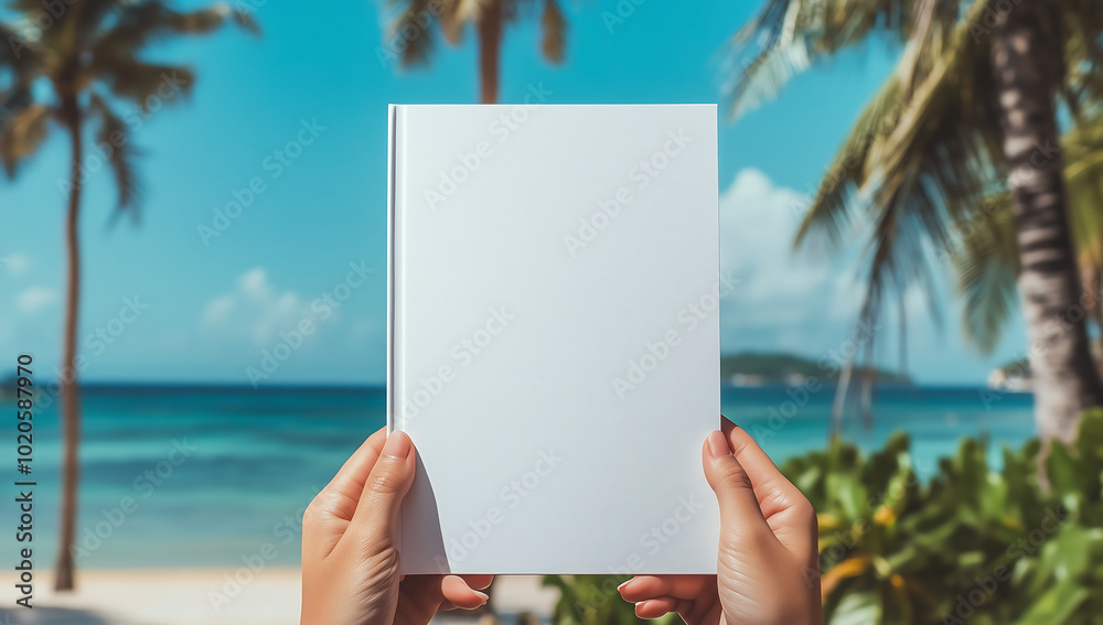 Hands Holding an Empty Book Cover Mockup with Tropical Beach Background for Custom Design Hands Holding an Empty Book Cover Mockup with Tropical Beach Background for Custom Design