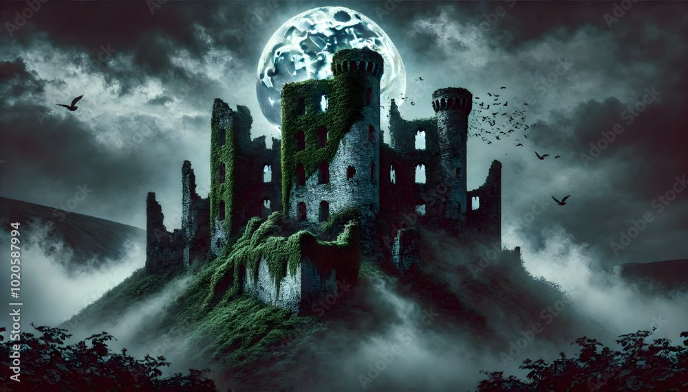 Haunted Castle Ruins with Full Moon and Fog
Haunted Castle Ruins with Full Moon and Fog