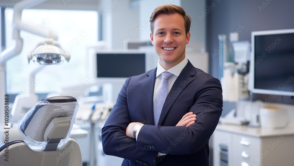 Confident Dentist Standing in a Modern Clinic, Arms Crossed and Ready to Treat Patients Confident Dentist Standing in a Modern Clinic, Arms Crossed and Ready to Treat Patients