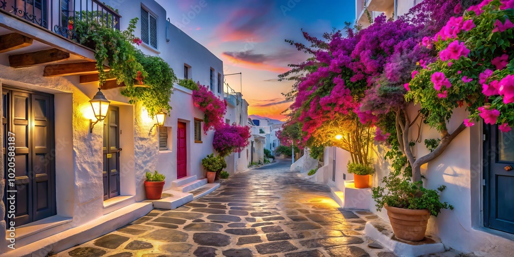 Obraz premium Discover the charm of the Cyclades through low light photography, featuring the colorful floral streets of Mykonos that capture the island's unique beauty.