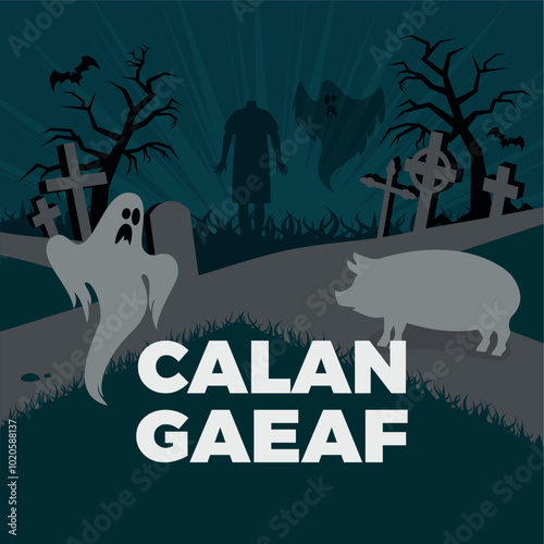 Calan Gaeaf traditional Welsh festival poster vector illustration. Tailless sow, headless woman, ghosts and cemetery vector. Spooky Halloween night landscape drawing. 1 November. Important day
