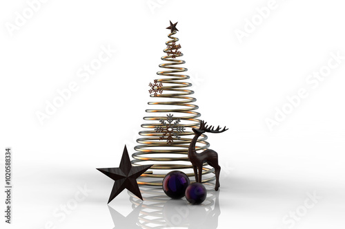 sophisticated golden christmastree spiral with deer,star, snowflakes,purple bauble balls and a beautiful floor reflection
