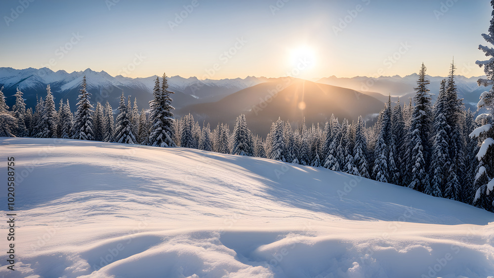 a beautiful winter scene with a mountain range in the background, a sunrise or sunset illuminating the scene a beautiful winter scene with a mountain range in the background, a sunrise or sunset illuminating the scene