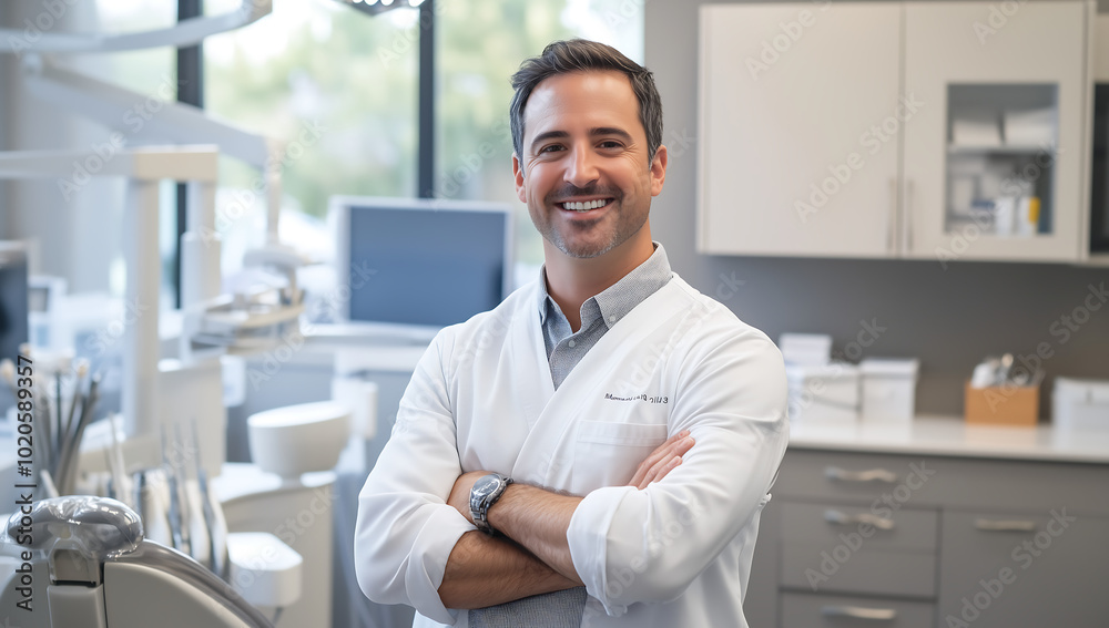 Smiling Dentist in a Modern Clinic, Ready to Provide Dental Care in a Clean and Professional Environment Smiling Dentist in a Modern Clinic, Ready to Provide Dental Care in a Clean and Professional Environment