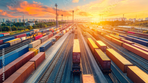 Sunset cargo containers in rail yard