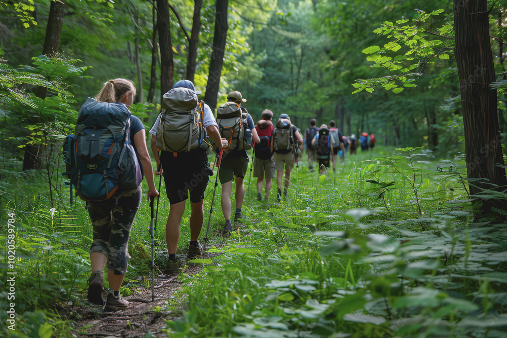 A group of hikers treks along a lush forest path. Explore the wonders of nature in summer. A group of hikers treks along a lush forest path. Explore the wonders of nature in summer.