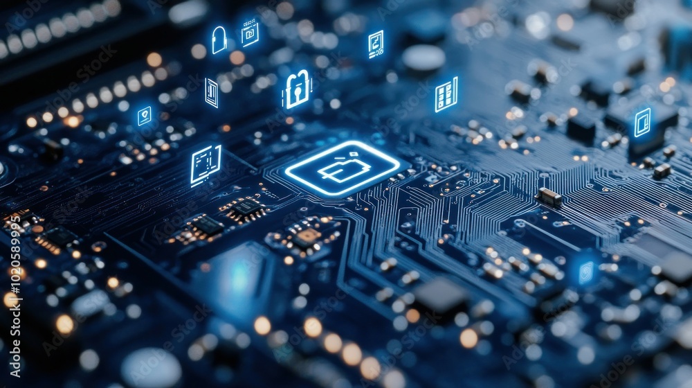 Abstract Circuit Board with Glowing Security Icons Abstract Circuit Board with Glowing Security Icons