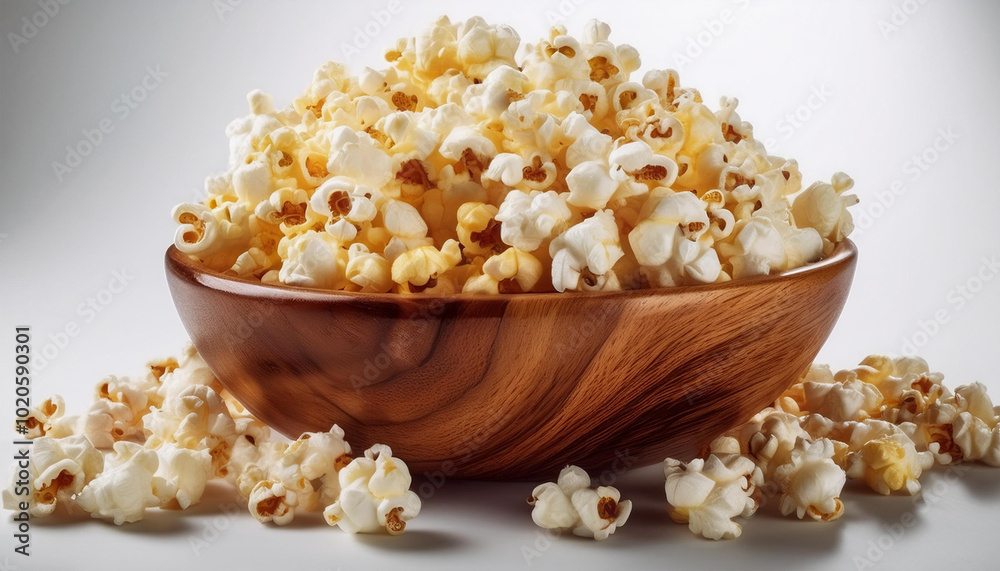 Popcorn in a wooden bowl on a white background. Popcorn in a wooden bowl on a white background.