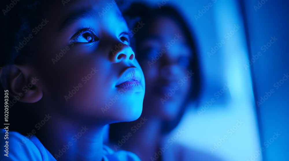 Child Looking Up in Awe with Parent in a Dark Room, Illuminated by Blue Light, Symbolizing Wonder and Curiosity Child Looking Up in Awe with Parent in a Dark Room, Illuminated by Blue Light, Symbolizing Wonder and Curiosity