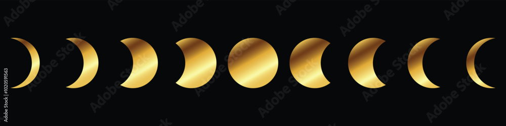 Moon phases gold flat icon illustration isolated on black background. Moon phases gold flat icon illustration isolated on black background.