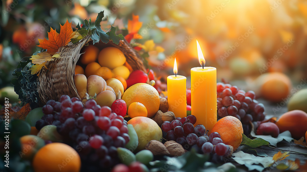Thanksgiving Cornucopia Decorated with Fruits, Nuts, and Orange Candles Thanksgiving Cornucopia Decorated with Fruits, Nuts, and Orange Candles