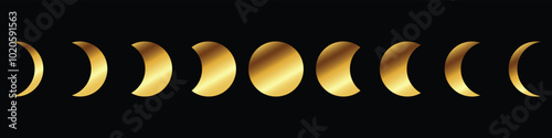 Moon phases gold flat icon illustration isolated on black background.
