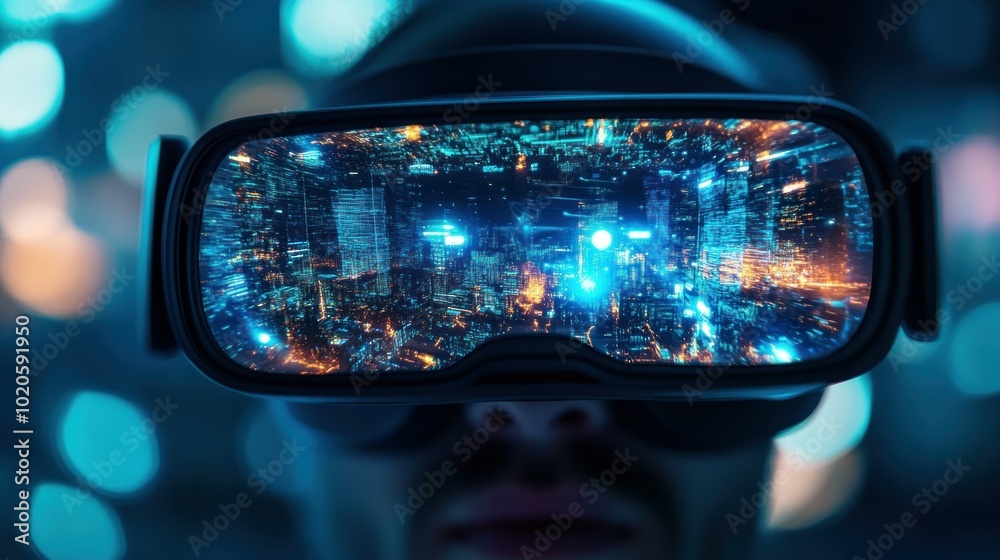 A Person Wearing Virtual Reality Headset Views A Futuristic Cityscape