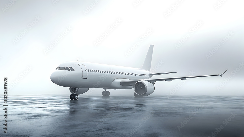 Obraz premium Passenger airliner aircraft parked on the airport runway waiting to take off in overcast,gloomy,and stormy winter weather conditions for commercial air travel and transportation.