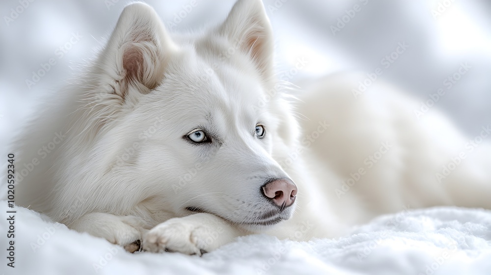 Obraz premium Peaceful,adorable white husky puppy resting and relaxing comfortably in soft,cozy snow at an indoor studio setting. The fluffy canine has a calm.