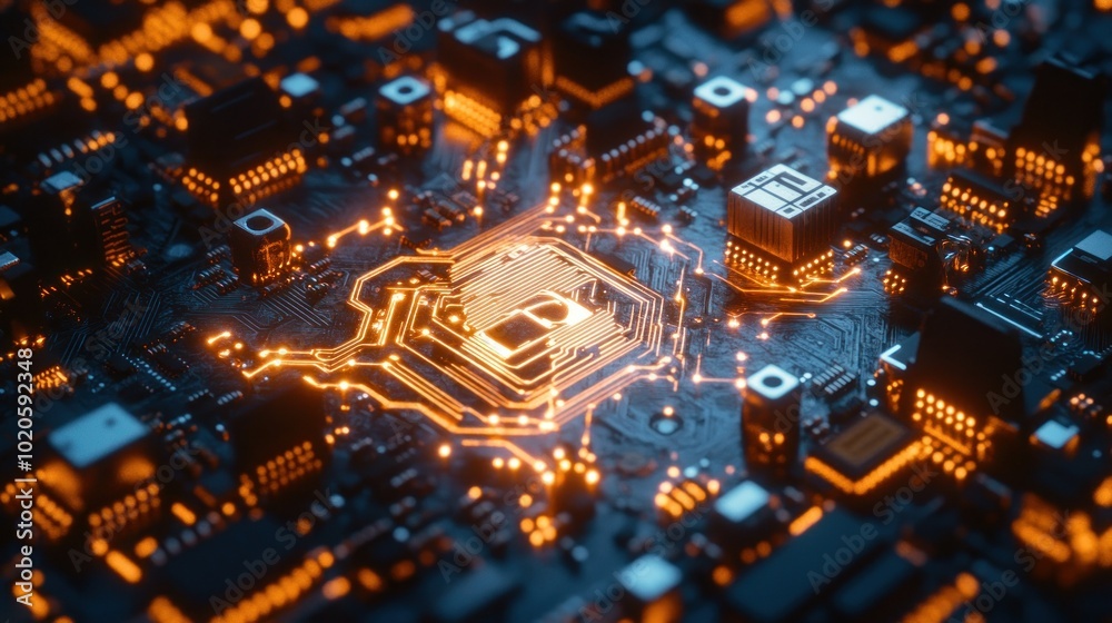 Glowing Circuit Board with a Locked Icon in the Center Glowing Circuit Board with a Locked Icon in the Center