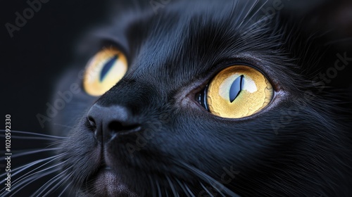 Close up portrait of unique black cat with striking eyes