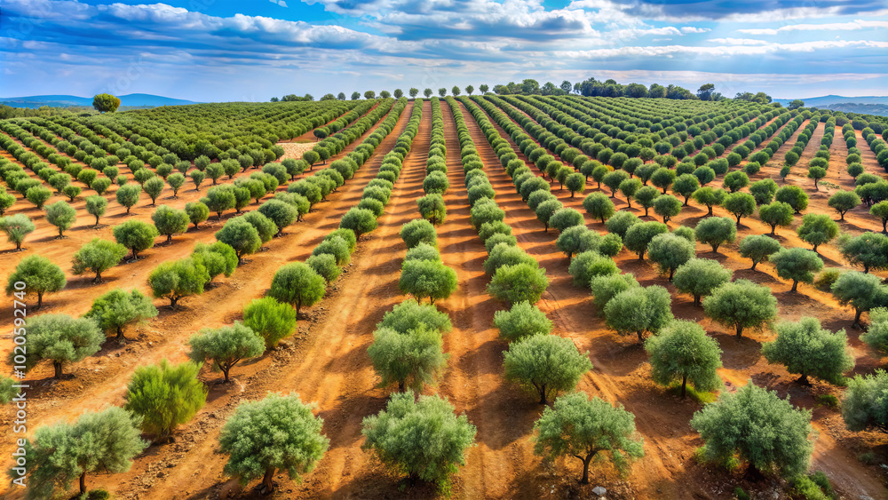 Rows of vibrant olive trees stretch across the rolling hills, creating a stunning landscape under a bright, partly cloudy sky. The warm soil contrasts beautifully with the greenery Rows of vibrant olive trees stretch across the rolling hills, creating a stunning landscape under a bright, partly cloudy sky. The warm soil contrasts beautifully with the greenery