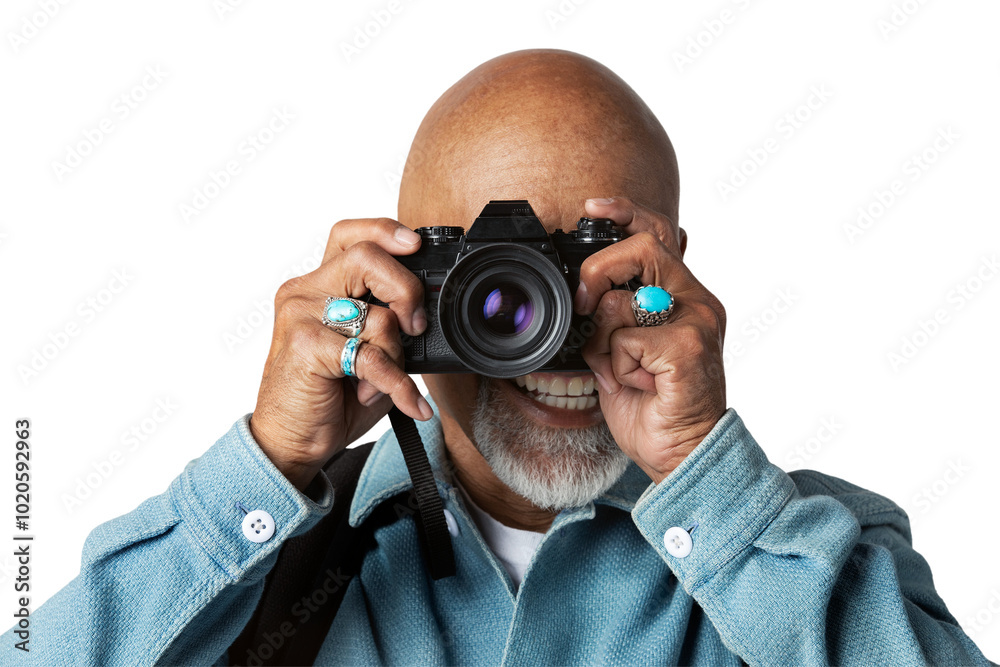 Happy senior man with a digital camera mockup Happy senior man with a digital camera mockup