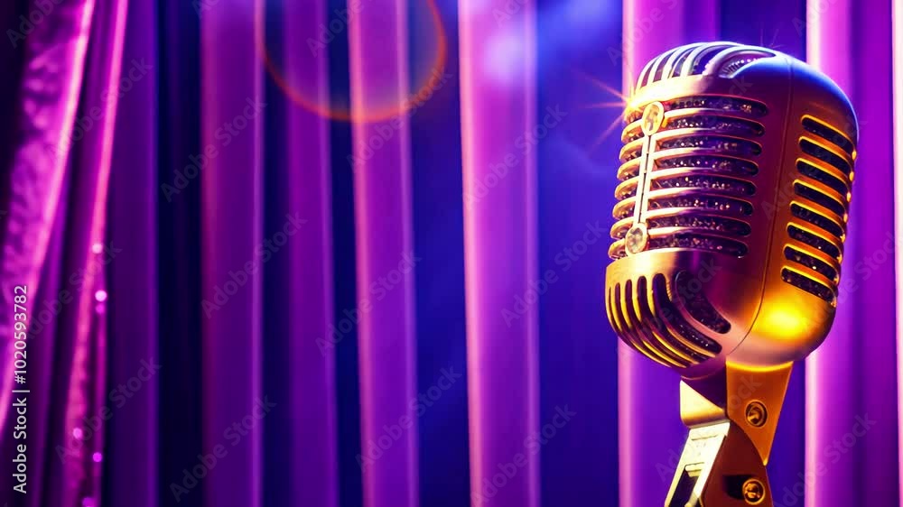 Retro microphone on stage with purple velvet curtain in focus