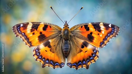 Forced perspective image of California Tortoiseshell Butterfly nymphalis californica on a leaf