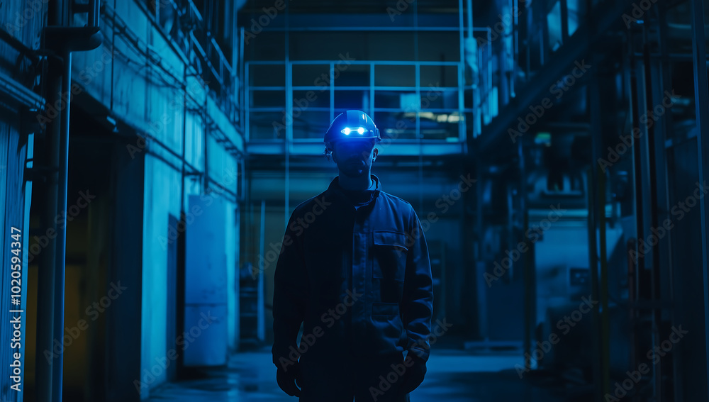 Worker in a Dark Industrial Facility Wearing a Headlamp, Walking Through an Empty Factory at Night Worker in a Dark Industrial Facility Wearing a Headlamp, Walking Through an Empty Factory at Night