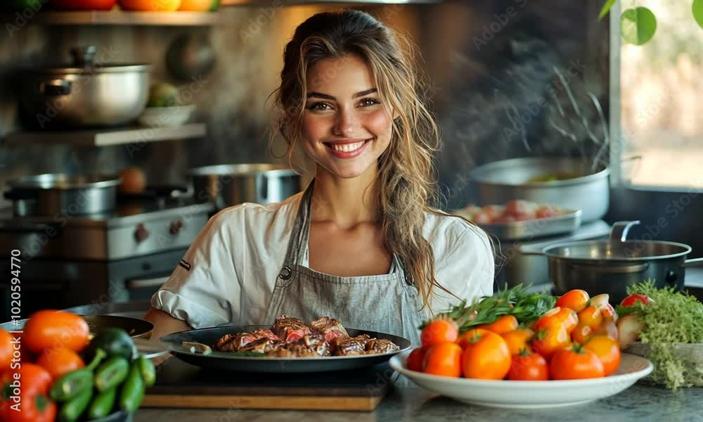 Smiling Woman Chef in the Kitchen Smiling Woman Chef in the Kitchen
