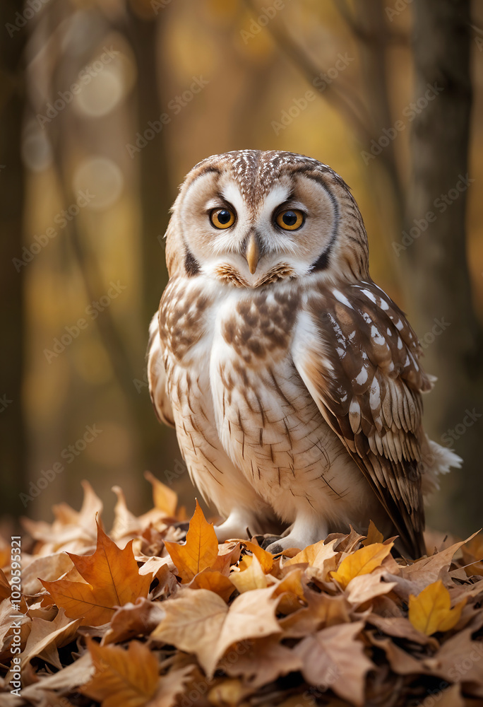 Portrait of an owl in autumn leaves in the forest