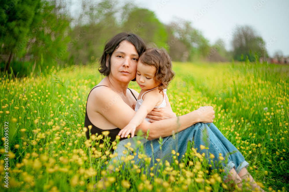 Mother and baby girl daughter playing in a flower field in spring. Concept of mom and daughter bonding and playing together outdoors, shot with vintage lens Mother and baby girl daughter playing in a flower field in spring. Concept of mom and daughter bonding and playing together outdoors, shot with vintage lens