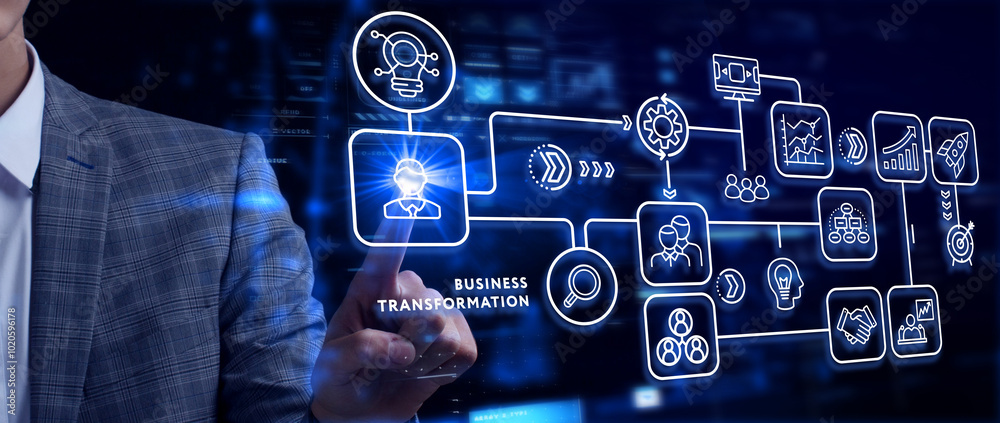Obraz premium Business, technology, internet and network concept. Virtual screen of the future and sees the inscription: Business transformation.