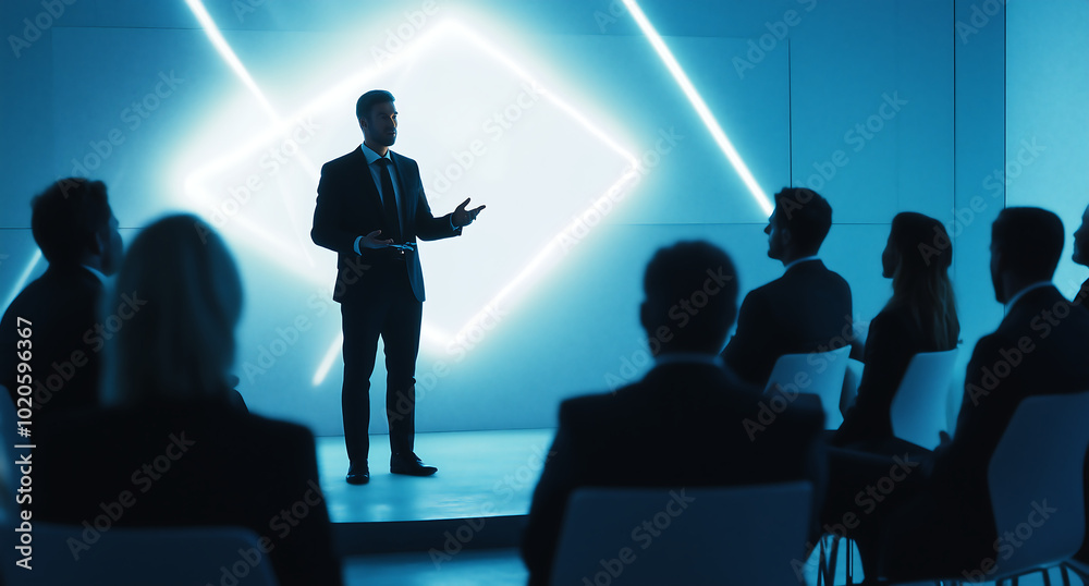Businessman Delivering a Presentation to an Audience in a Futuristic Setting with Neon Lighting