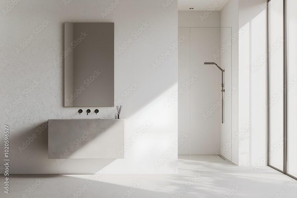 A Minimalist Bathroom With a Concrete Sink, a Large Mirror With a Simple Frame, and a Walk-in Shower With a Frameless Glass Door, 3d Render Real Room Template, Wall Mockup