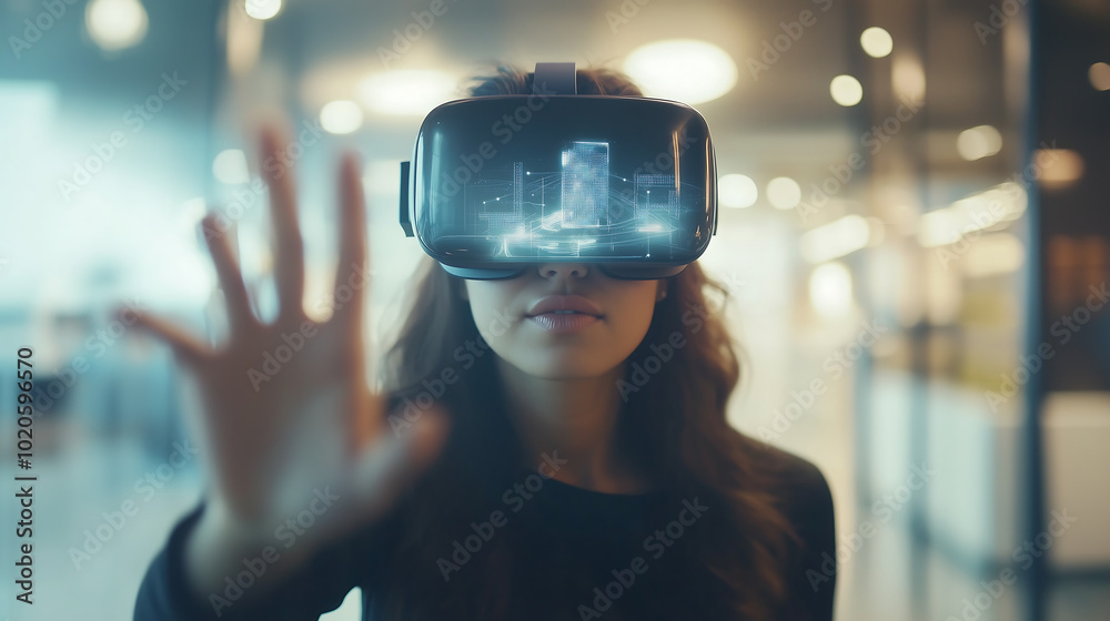 Woman Using Virtual Reality Headset, Immersed in a Digital Environment Woman Using Virtual Reality Headset, Immersed in a Digital Environment