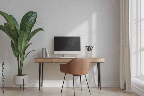 A Minimalist Home Office With a Simple Wooden Desk, a Sleek Chair, a Wall-mounted Monitor, and a Large Plant Adding a Touch of Greenery, 3d Render Real Room Template, Wall Mockup