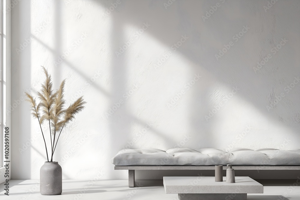 Fototapeta premium A Minimalist Living Room With a White Sectional Sofa, a Low Coffee Table, a Large Abstract Rug, 3d Render Real Room Template, Wall Mockup