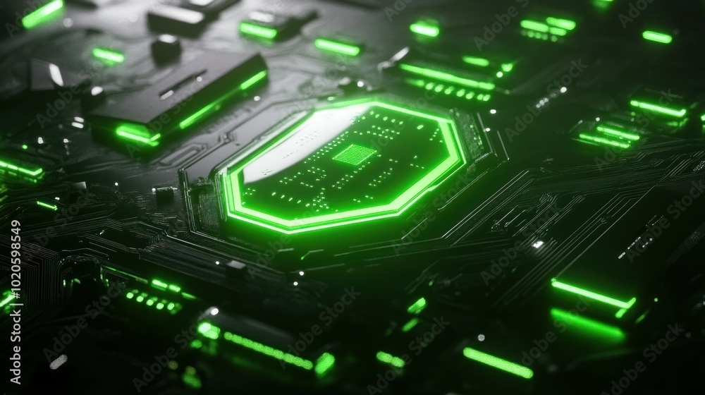 Green illuminated circuit board with a central processor Green illuminated circuit board with a central processor