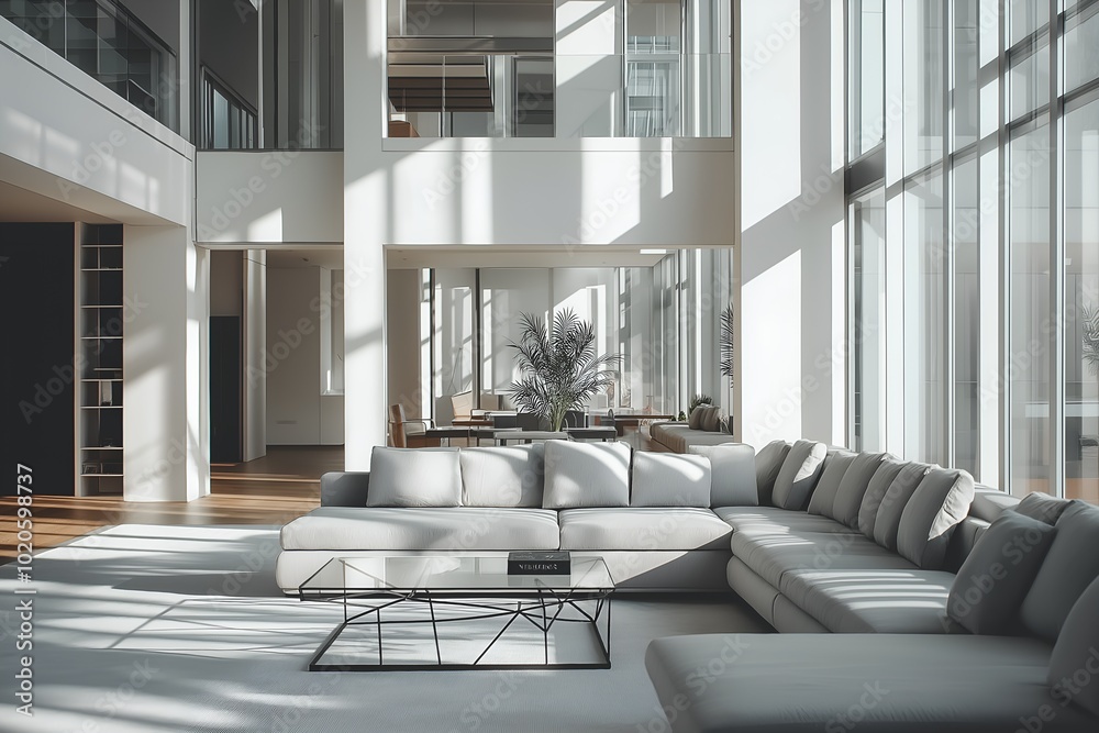A Spacious Living Room With Large Floor-to-ceiling Windows, a Minimalist Gray Sectional Sofa, a Glass Coffee Table With a Geometric Design, 3d Render Real Room Template, Wall Mockup A Spacious Living Room With Large Floor-to-ceiling Windows, a Minimalist Gray Sectional Sofa, a Glass Coffee Table With a Geometric Design, 3d Render Real Room Template, Wall Mockup