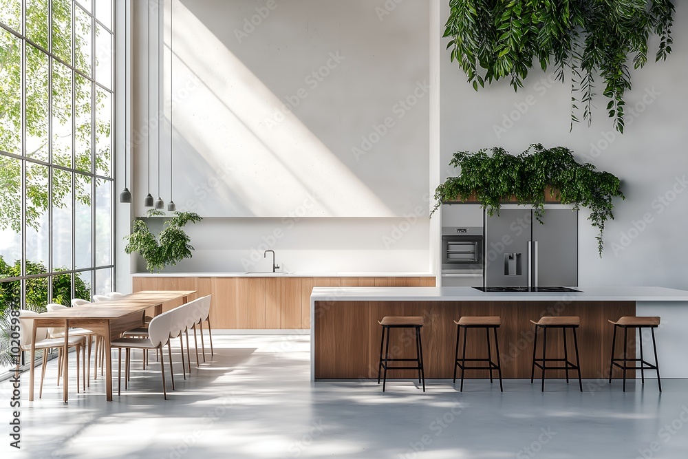 A Spacious Open-concept Kitchen With a Large Island Featuring a Waterfall Countertop, Dining Area With a Minimalist Wooden Table and Chairs, 3d Render Real Room Template, Wall Mockup A Spacious Open-concept Kitchen With a Large Island Featuring a Waterfall Countertop, Dining Area With a Minimalist Wooden Table and Chairs, 3d Render Real Room Template, Wall Mockup