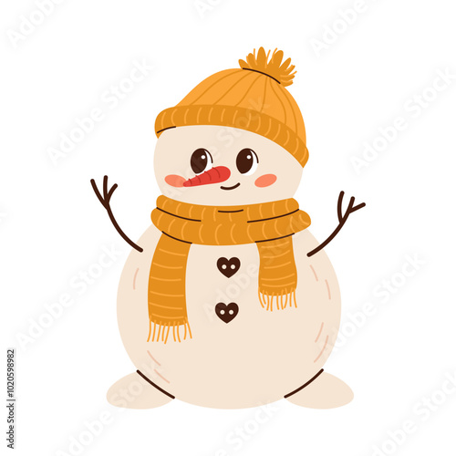 Cute snowman illustration in children's style on New Year's theme. Cute snowman in a hat and scarf. Christmas Flat vector illustration isolated on white background
